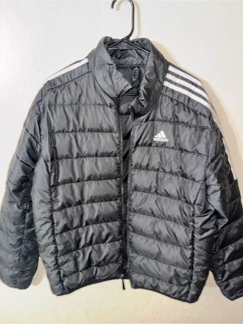 adidas Black Quilted Light Weight Puffer Jacket with White Shoulder Stripes